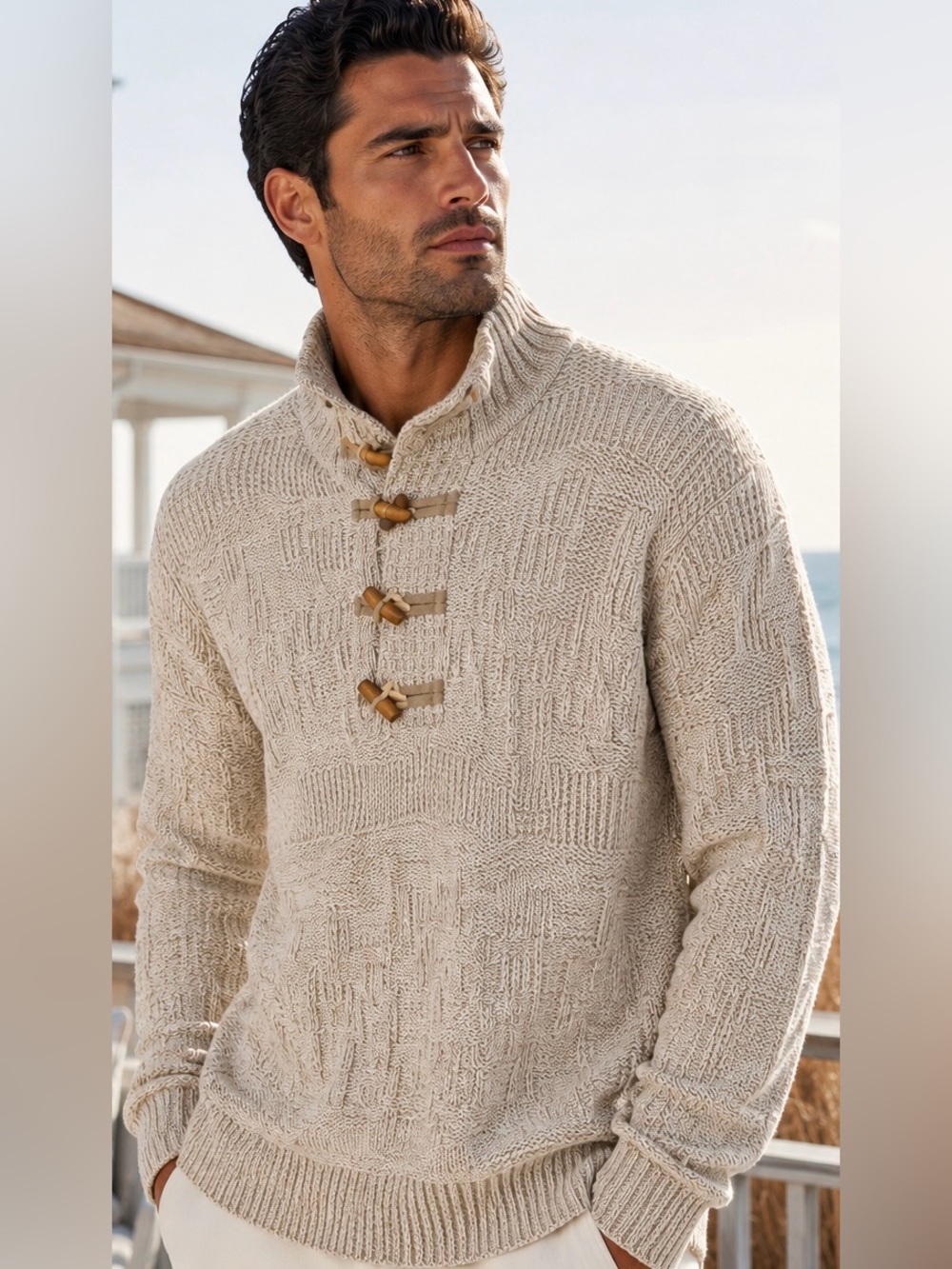 Buckle JB Holt Toggle Henley Knit Textured Sweater Beige Cotton Cozy Pullover, M